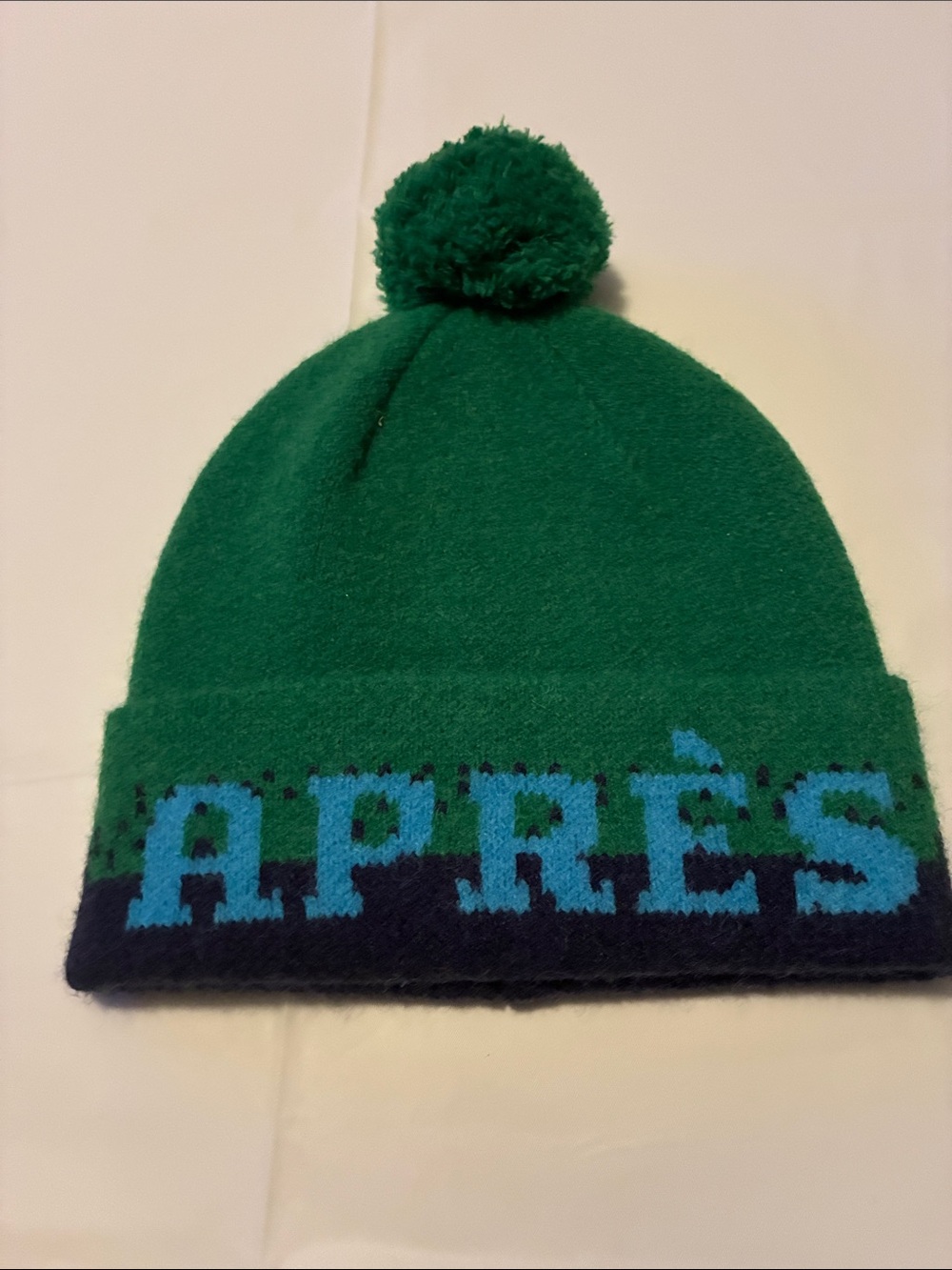 Kids Pom Pom Beanie Hat in Emerald Green with Blue Lettering